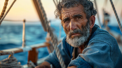 Elderly sailor steering sailboat at sea - obrazy, fototapety, plakaty