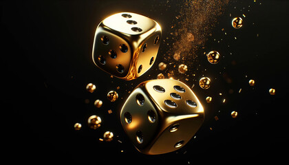Golden dice suspended in mid-air with shimmering particles, symbolizing chance and luxury in gaming and risk-taking. Dark background, copy space
