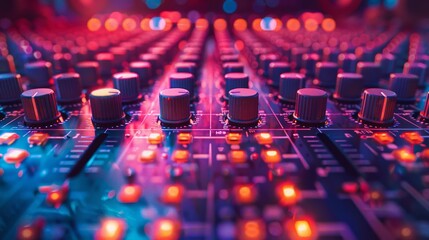 Glowing controls of a sound mixing board in a music studio - obrazy, fototapety, plakaty