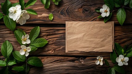 Obraz na płótnie Canvas Rustic wood backdrop with spring flowers and blank paper sheet