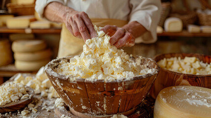 Hands working with cheese in a workshop