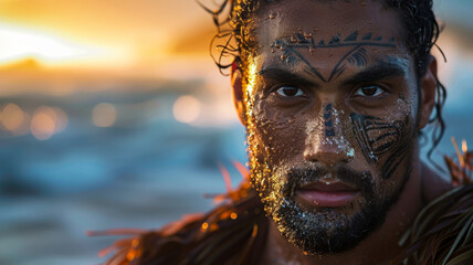 Pacific Islander man with traditional face paint. - obrazy, fototapety, plakaty