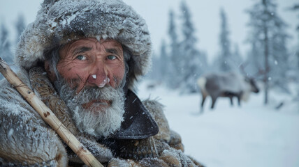 Fototapeta premium An elderly bearded man in snowy landscape with reindeer.