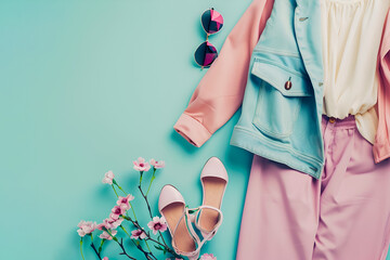 Top view of female clothes and accessories on pastel blue background