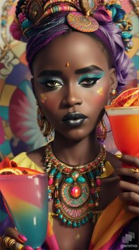 .





candid closeup photo of an eccentric traditional African  flower stunning girl, holding a gigantic colorful cocktail glass, zalina.malina, haute couture, symmetry, colorful Indian mural, summer