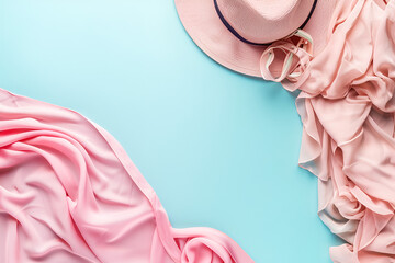 Top view of female clothes and a hat on pastel blue background