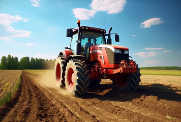 Fototapeta premium Tractor plowing field on sunny day