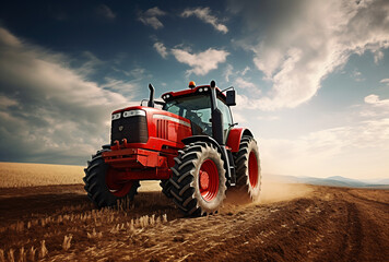 Obraz premium Red tractor driving down dirt road