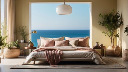 A bedroom with a large window overlooking the ocean. The room is decorated with a white bedspread and pillows, and a white lamp is on the nightstand. The room has a calm and relaxing atmosphere - obrazy, fototapety, plakaty