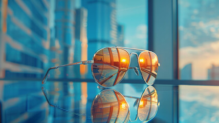 Fototapeta na wymiar Sunglasses reflecting city at sunset