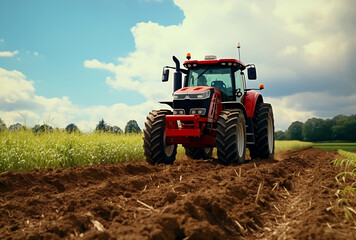 Obraz premium Red tractor driving through field