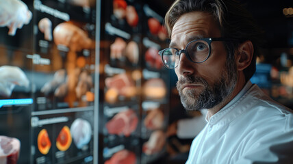Chef looking at meat selection in fridge