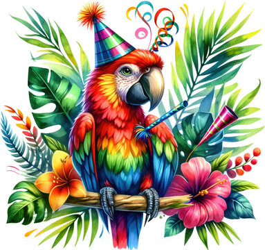 A vibrantly colored parrot wearing a party hat and blowing a whistle, nestled among lush tropical foliage and flowers.