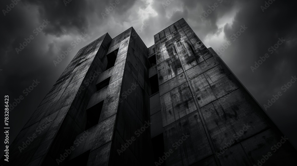 Poster moody photograph capturing the brooding presence and monumental scale of a neo brutalist edifice