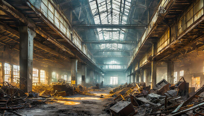 Post-apocalyptic ruined industrial hall with debris of lost factory. Old abandoned factory.