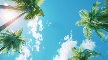 Tropical Paradise, a  blue sky with palm trees, summer tourism poster background  - obrazy, fototapety, plakaty