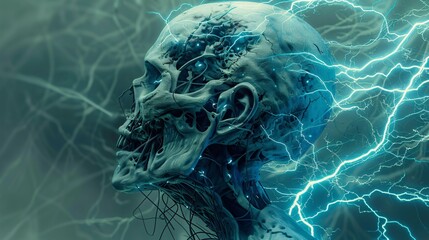 A zombie with a digital heartbeat its blue technological veins pulsing with artificial life