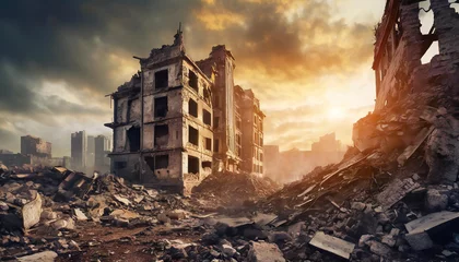 Fotobehang Post-apocalyptic ruined city. Destroyed buildings and ruined roads. Destruction and decay. © hardvicore