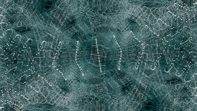 A white geometric grid with small spheres.