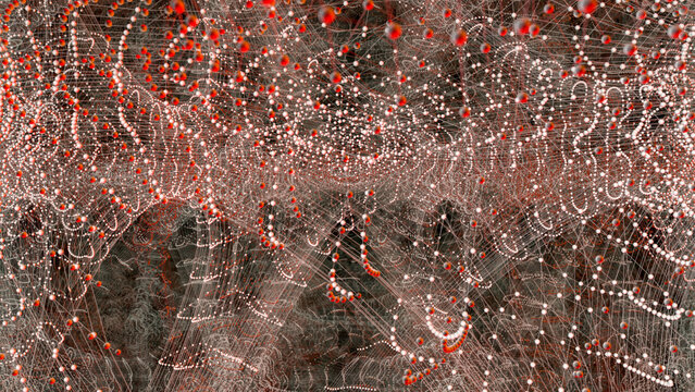 A geometric grid with small white and red spheres.