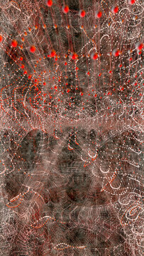 A geometric grid with white and red spheres.