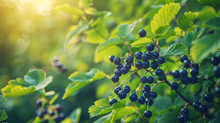 Sunlit blackcurrant bush, ripe berries