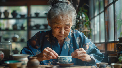 Elderly woman performing tea ceremony