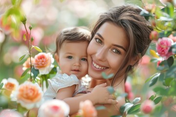 Fototapeta premium Young mother and daughter on Mother's Day. European Mother's Day different ethnicities. Portrait in roses flowers portrait. Horizontal banking background for ad. 