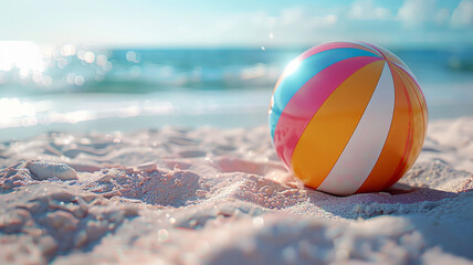 A colorful beachball on sandy beach - obrazy, fototapety, plakaty