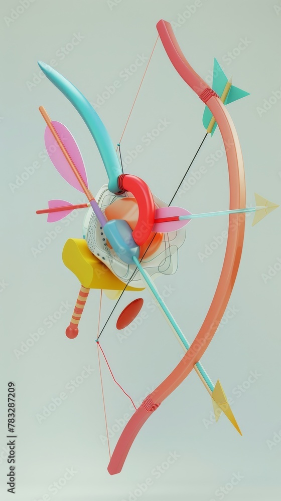 Poster archery bows and arrows in a whimsical design 3d style isolated flying objects memphis style 3d rend