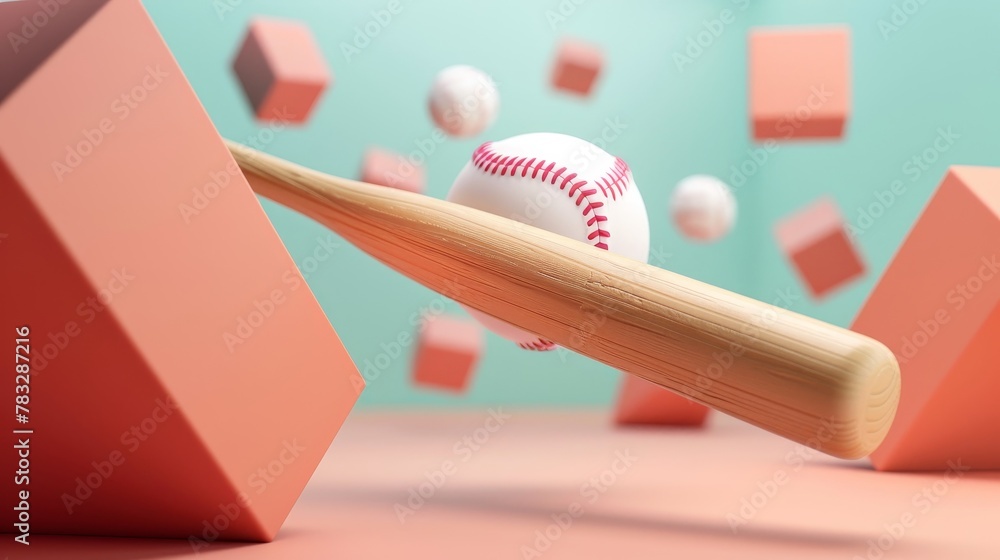 Poster baseball bat and ball suspended in 3d space 3d style isolated flying objects memphis style 3d render