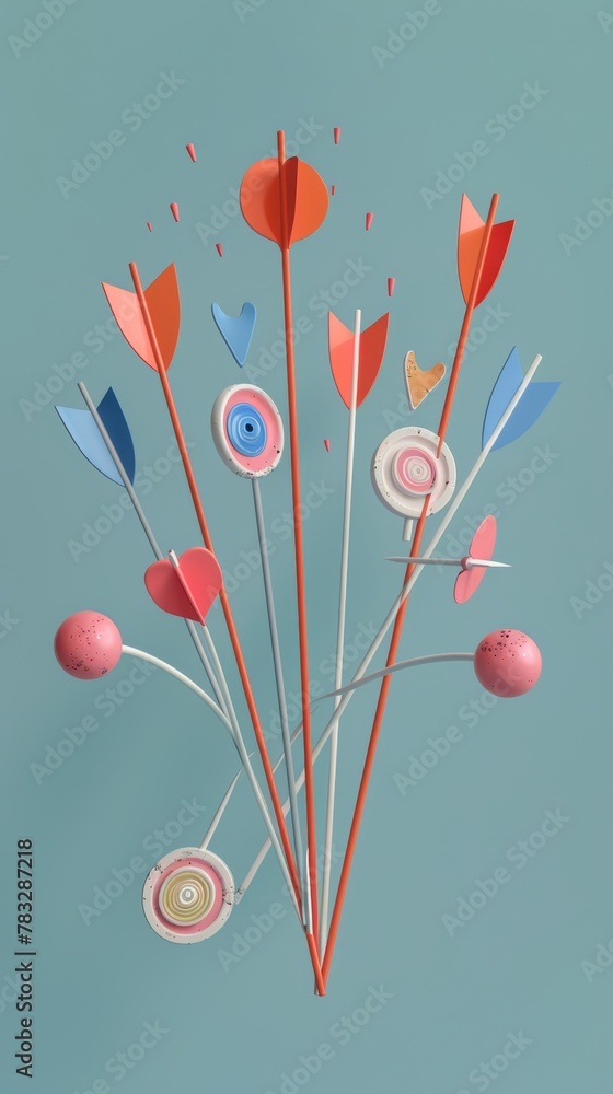 Poster archery bows and arrows in a whimsical design 3d style isolated flying objects memphis style 3d rend