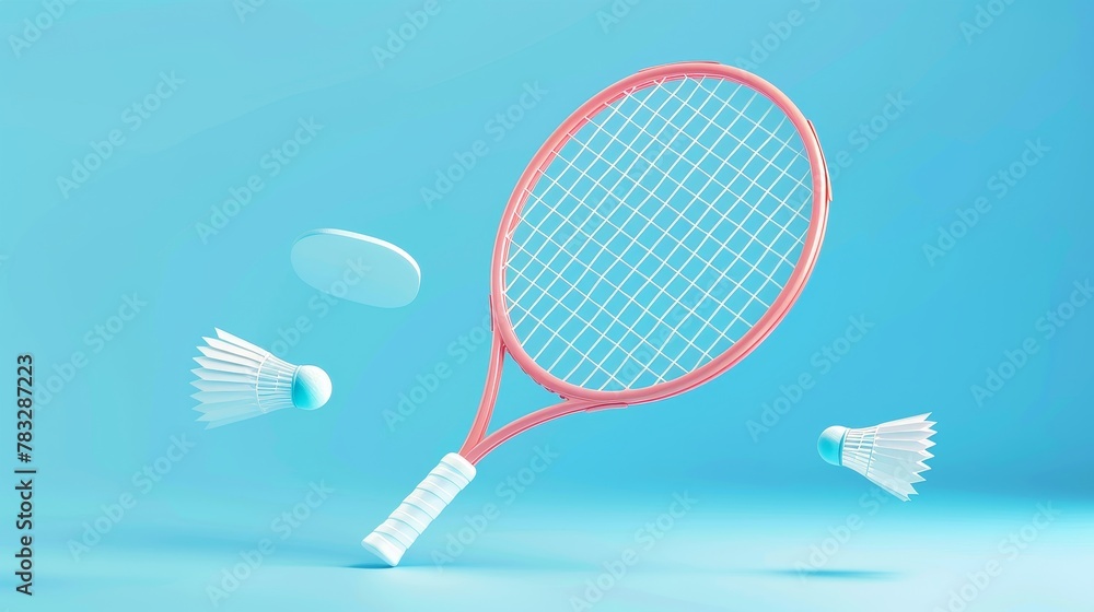 Poster badminton birdie and racket levitating 3d style isolated flying objects memphis style 3d render ai g