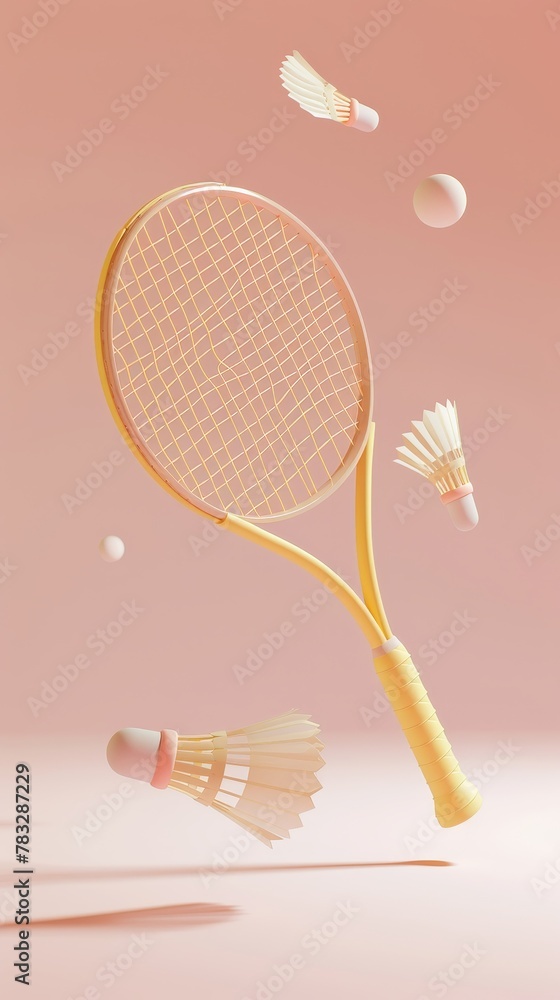 Poster badminton birdie and racket levitating 3d style isolated flying objects memphis style 3d render ai g