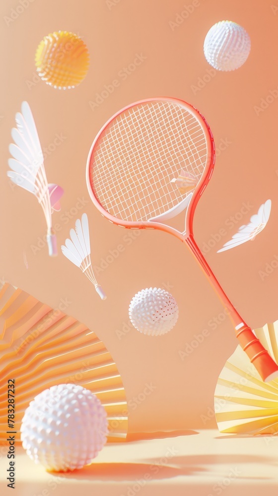 Poster badminton birdie and racket levitating 3d style isolated flying objects memphis style 3d render ai g