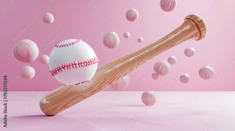 Poster baseball bat and ball suspended in 3d space 3d style isolated flying objects memphis style 3d render