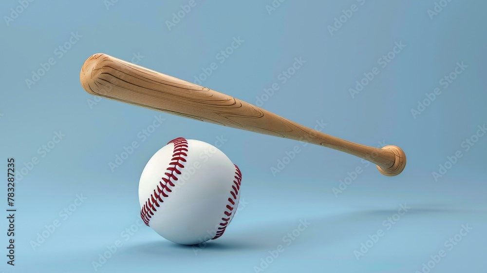 Fototapete Baseball bat and ball suspended in 3D space 3D style isolated flying objects memphis style 3D render   AI generated illustration