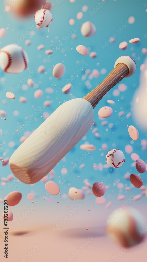 Poster baseball bat and ball suspended in 3d space 3d style isolated flying objects memphis style 3d render
