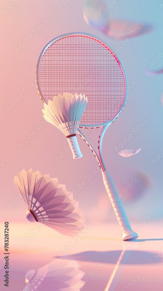 Poster badminton birdie and racket levitating 3d style isolated flying objects memphis style 3d render ai g