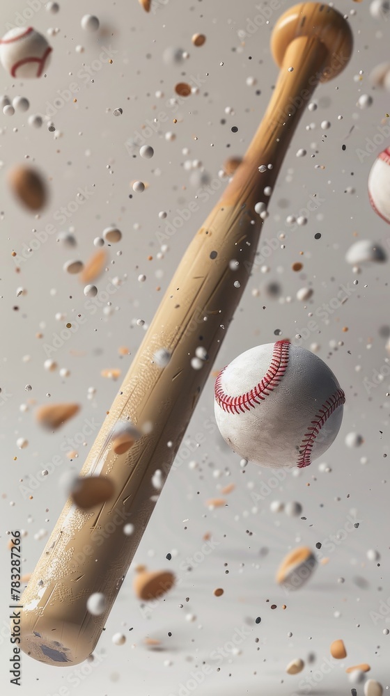Poster Baseball bat and ball suspended in 3D space 3D style isolated flying objects memphis style 3D render  AI generated illustration
