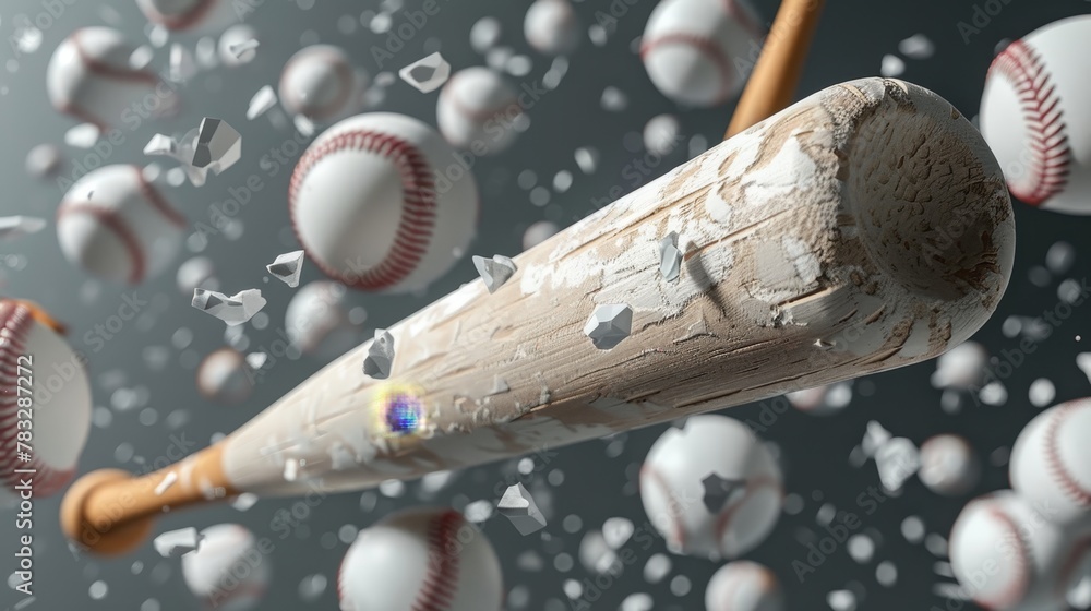 Poster baseball bat and ball suspended in 3d space 3d style isolated flying objects memphis style 3d render