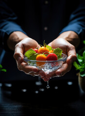 hands holding a small glass bowl with washed fruits