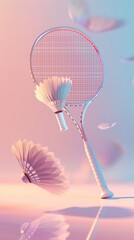 Badminton birdie and racket levitating 3D style isolated flying objects memphis style 3D render   AI generated illustration