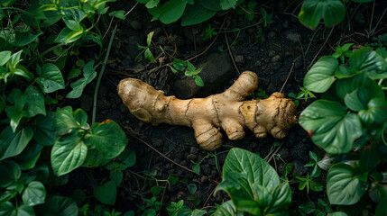 ginger root lying on the ground by green foliage - obrazy, fototapety, plakaty