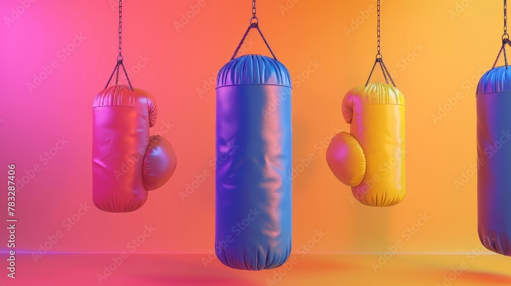Poster boxing gloves and punching bags in a bold color palette 3d style isolated flying objects memphis sty
