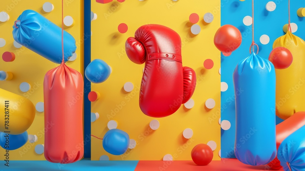 Poster boxing gloves and punching bags in a bold color palette 3d style isolated flying objects memphis sty