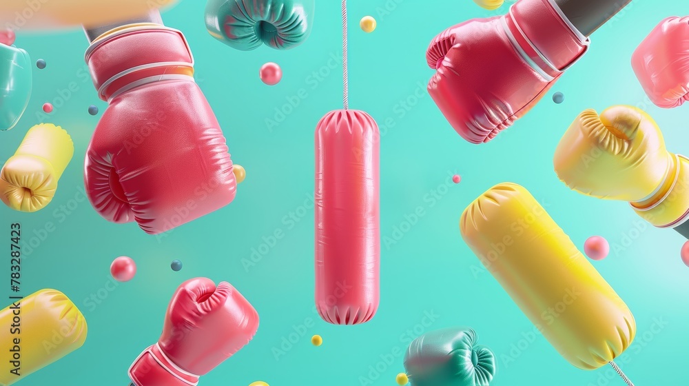Poster boxing gloves and punching bags in a bold color palette 3d style isolated flying objects memphis sty