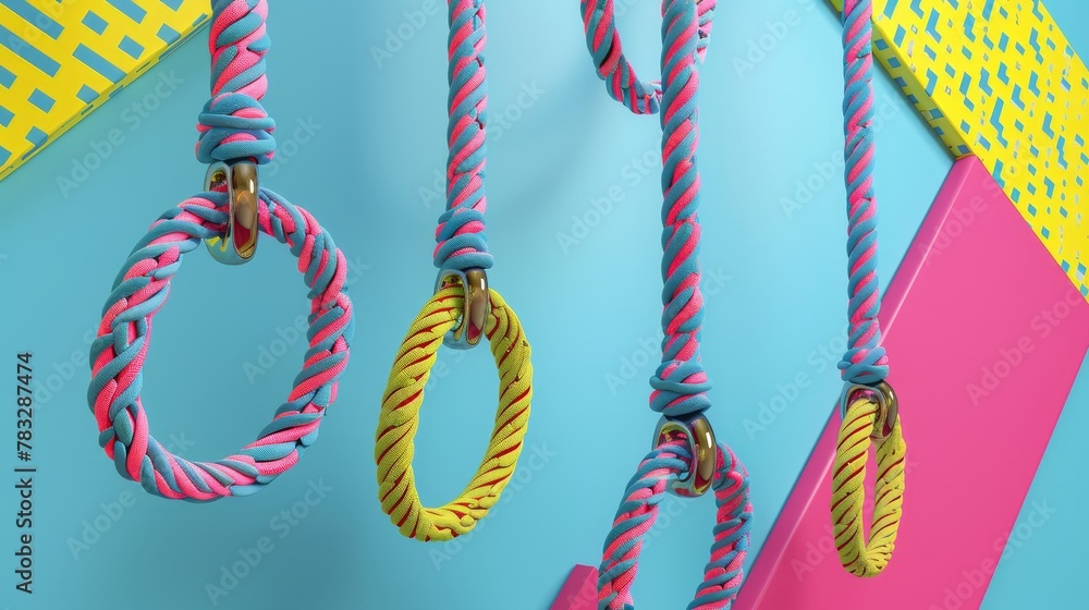 Poster bungee jumping ropes and harnesses in a geometric pattern 3d style isolated flying objects memphis s