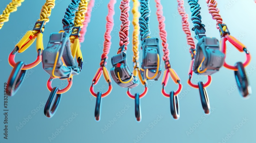 Poster bungee jumping ropes and harnesses in a geometric pattern 3d style isolated flying objects memphis s