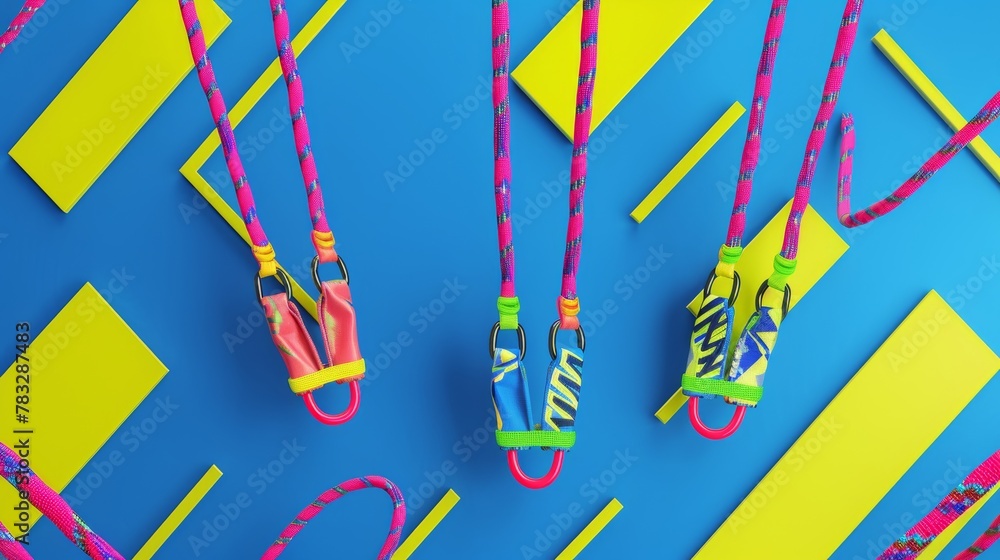 Poster bungee jumping ropes and harnesses in a geometric pattern 3d style isolated flying objects memphis s